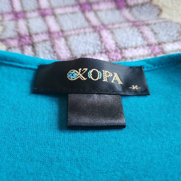 A14  Beautiful Blue Bodice Top w/Gold Leather  Very flattering Athena style - Picture 4 of 4